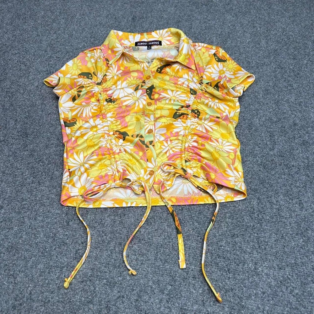 Almost Famous yellow floral and mushroom button up blouse size medium